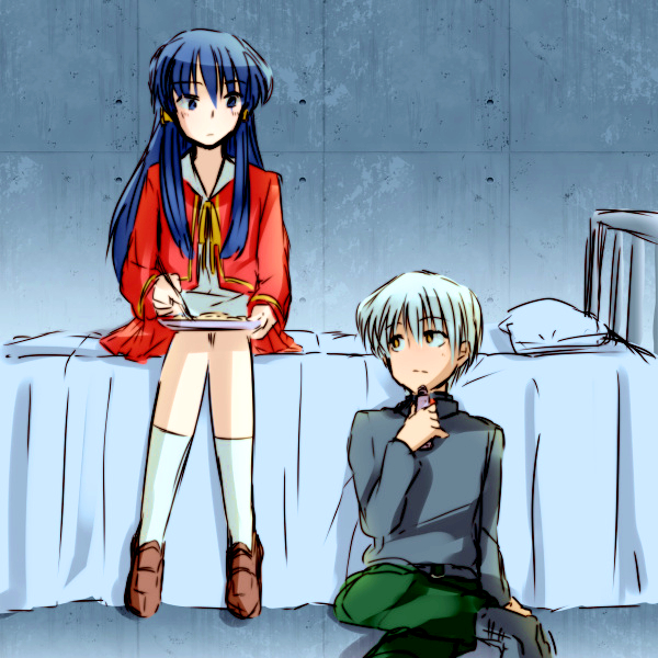 1boy, 1girl, 201_(yield), amasawa_ikumi, bed, black_sweater, blue_eyes, blue_hair, boy_(moon), hair_ornament, hairclip, long_hair, moon_(game), pleated_skirt, school_uniform, short_hair, sitting, skirt, sweater, turtleneck, turtleneck_sweater, white_hair