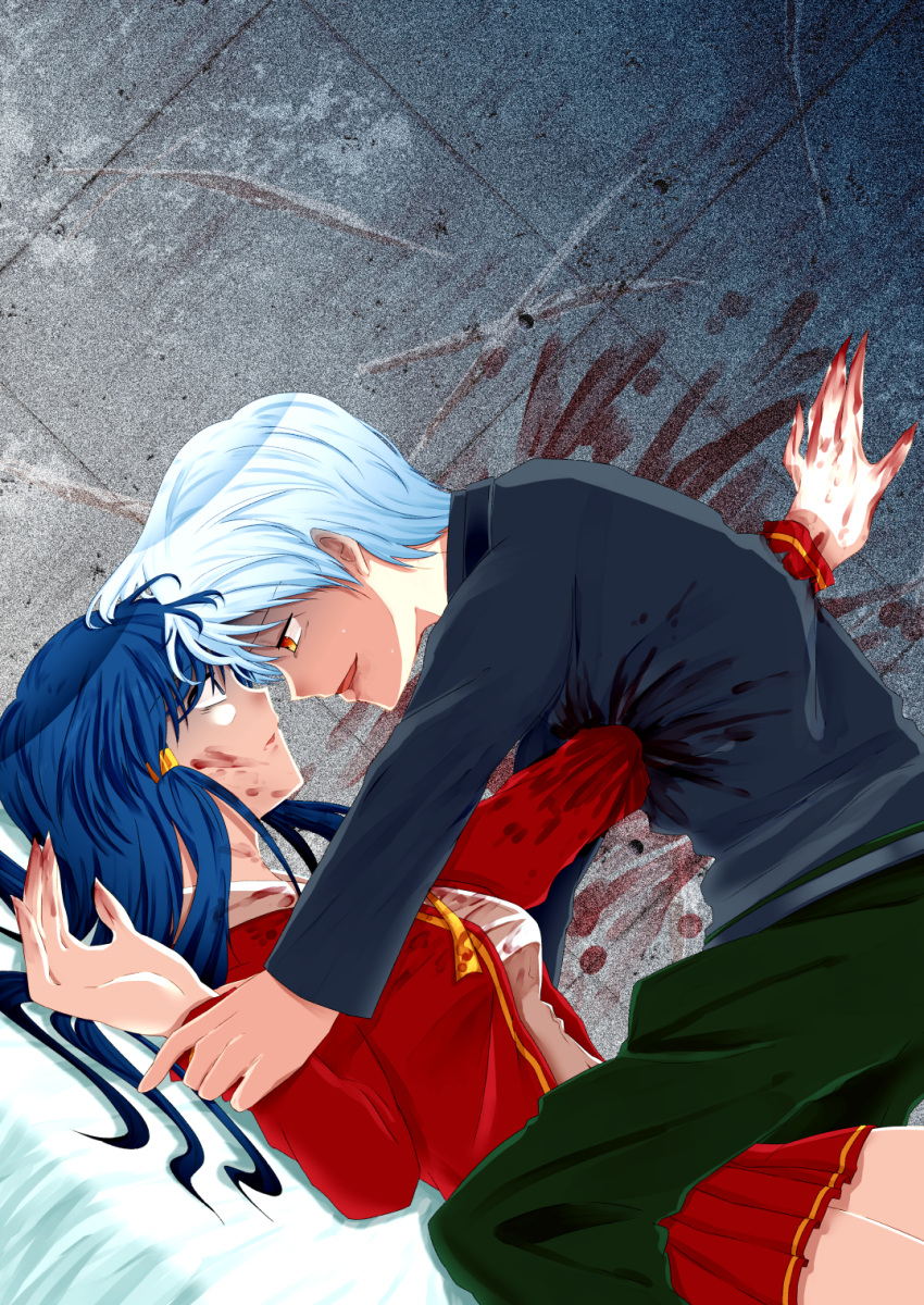 1boy, 1girl, 201_(yield), amasawa_ikumi, black_sweater, blood, blue_eyes, blue_hair, boy_(moon), eye_contact, hair_ornament, hairclip, highres, injury, long_hair, looking_at_another, moon_(game), pleated_skirt, restrained, school_uniform, skirt, smile, sweater, turtleneck, turtleneck_sweater, white_hair, yellow_eyes