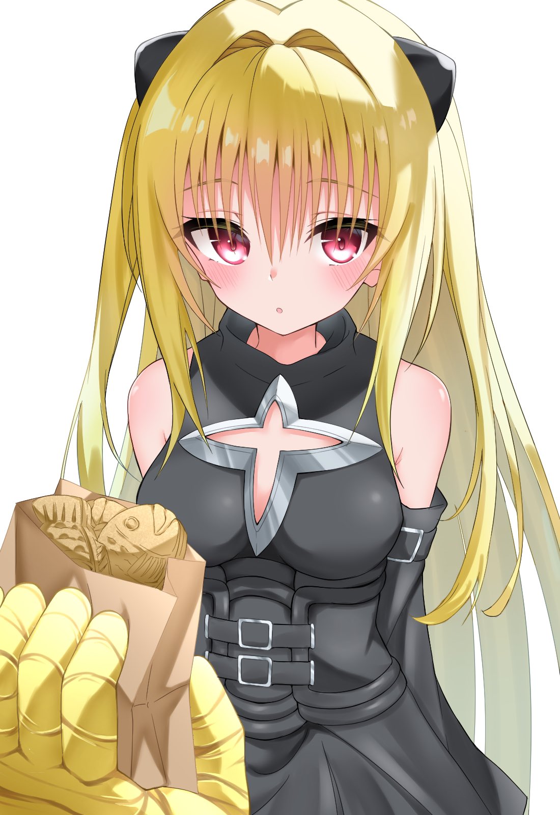 1girl, :o, arm_at_side, bag, bare_shoulders, black_dress, blonde_hair, blush