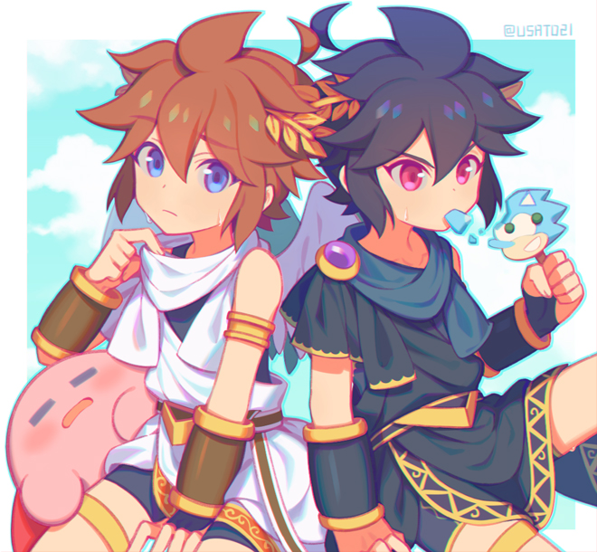 1other, 2boys, arm_up, armband, belt, between_legs, black_belt, black_hair, black_robe, black_shirt, black_shorts, blue_eyes, blue_scarf, border, bracer, brown_belt, closed_eyes, closed_mouth, clouds, colored_skin, cropped_legs, dark_pit, eating, food, gold_trim, hair_between_eyes, hair_intakes, hair_ornament, hand_between_legs, holding, holding_food, holding_popsicle, kid_icarus, kirby, kirby_(series), laurel_crown, legband, looking_at_object, looking_at_viewer, lying, lying_on_person, male_focus, multiple_boys, on_stomach, open_mouth, orange_hair, pink_skin, pit_(kid_icarus), popsicle, pulling_own_clothes, red_eyes, robe, scarf, shirt, shorts, sky, sonic_(series), super_smash_bros., sweat, sweatdrop, twitter_username, undershirt, white_border, white_robe, white_scarf, wusagi2