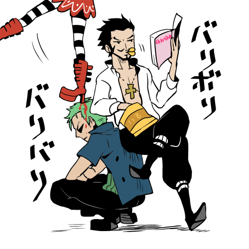 1girl, 2boys, beard, black_hair, black_pants, blood, blue_shirt, book, boots, chips_(food), commentary_request, crossed_legs, dracule_mihawk, eating, facial_hair, food, green_hair, haramaki, heri_(azame), holding, holding_book, lowres, multiple_boys, mustache, one_piece, pants, pantyhose, perona, red_footwear, red_skirt, roronoa_zoro, shirt, short_hair, skirt, squatting, striped_clothes, striped_pantyhose