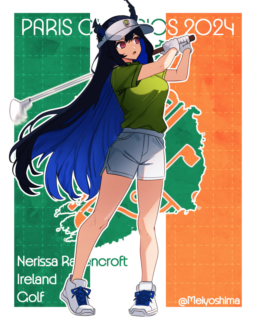 1girl, 2024_summer_olympics, absurdres, alternate_costume, asymmetrical_horns, black_hair, blue_hair, border, breasts, colored_inner_hair, demon_horns, english_commentary, english_text, flag_background, full_body, gloves, golf, golf_club, green_shirt, highres, holding, holding_golf_club, hololive, hololive_english, horns, ireland, irish_flag, large_breasts, long_hair, meiyoshima, multicolored_hair, nerissa_ravencroft, olympics, playing_golf, red_eyes, shirt, short_sleeves, shorts, solo, standing, twitter_username, two-tone_hair, uneven_horns, very_long_hair, virtual_youtuber, visor_cap, white_border, white_footwear, white_gloves, white_shorts, white_visor