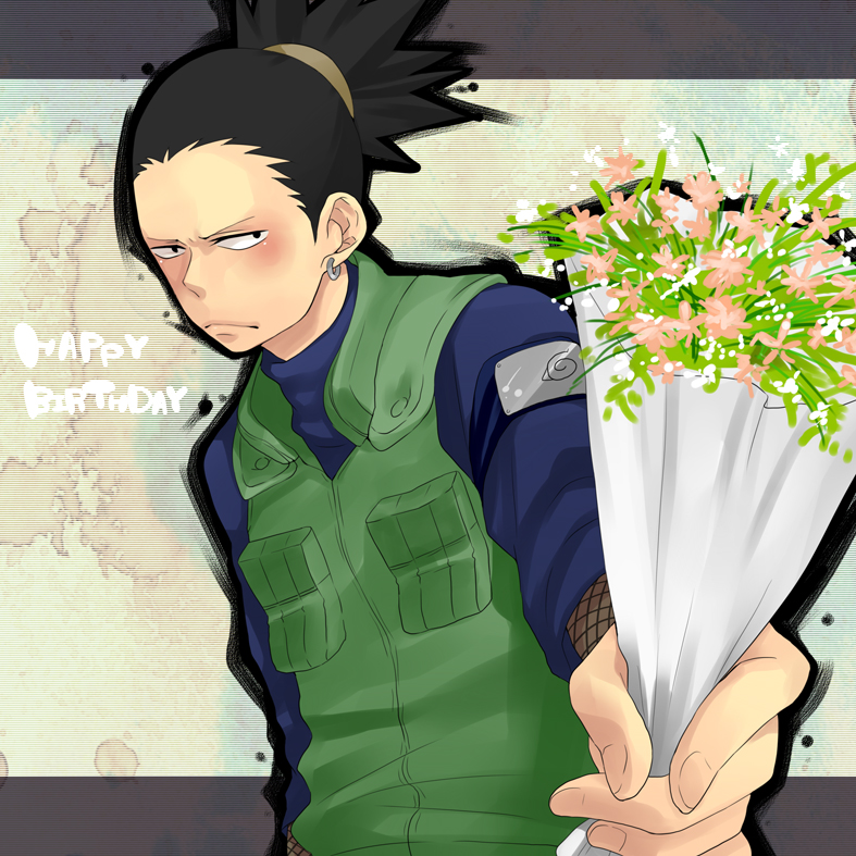 bouquet, earrings, flower, flower_bouquet, foreshortening, hands, happy_birthday, jewelry, male, momoiro_oji, nara_shikamaru, naruto, solo