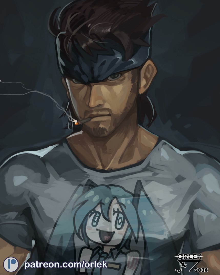 1boy, 1girl, 2024, :d, aqua_eyes, aqua_hair, aqua_necktie, artist_name, beard, black_background, broad_shoulders, brown_hair, character_print, cigarette, closed_mouth, collarbone, english_commentary, facial_hair, grey_background, grey_shirt, hatsune_miku, looking_at_viewer, male_focus, metal_gear_(series), metal_gear_solid, muscular, muscular_male, mustache, necktie, open_mouth, orlek, patreon_username, pectorals, serious, shadow, sharp_teeth, shirt, short_sleeves, simple_background, skin_tight, sleeveless, smile, smoke, smoking, solid_snake, teeth, upper_body, vocaloid