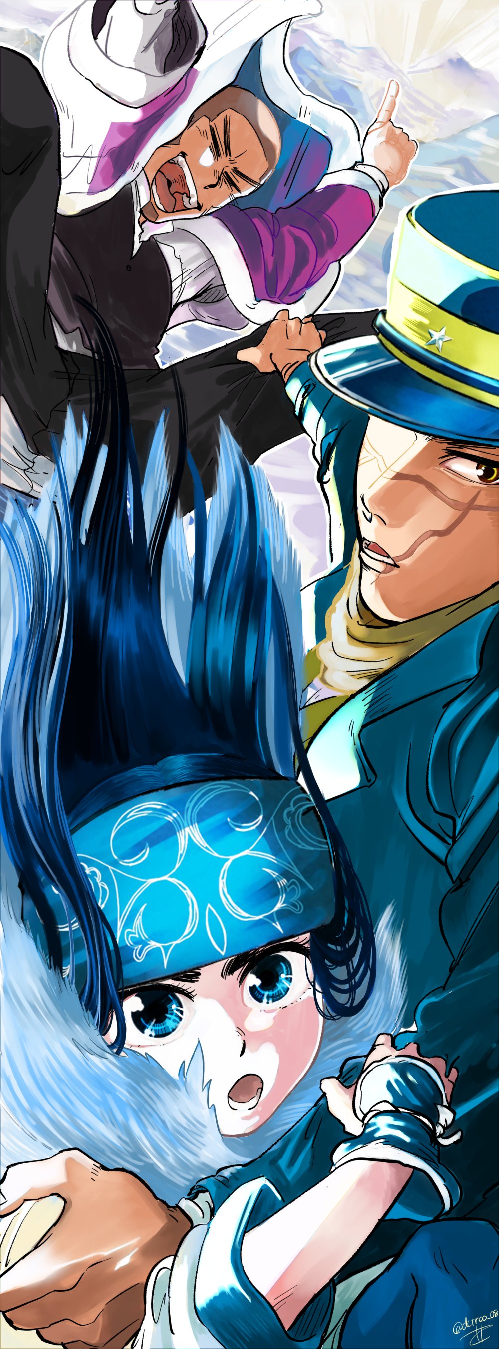 1girl, 2boys, absurdres, asirpa, black_pants, blue_eyes, blue_hair, blue_headband, buzz_cut, closed_eyes, dctroo_08, golden_kamuy, hat, headband, highres, long_hair, looking_at_viewer, military_hat, multiple_boys, open_mouth, pants, scar, scar_on_face, scarf, shiraishi_yoshitake, short_hair, signature, sugimoto_saichi, very_short_hair