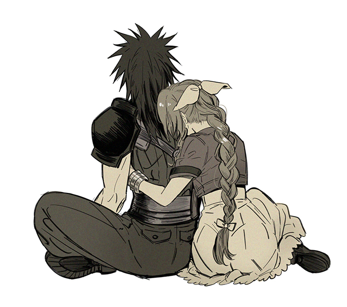 1boy, 1girl, aerith_gainsborough, armor, baggy_pants, bangle, boots, bracelet