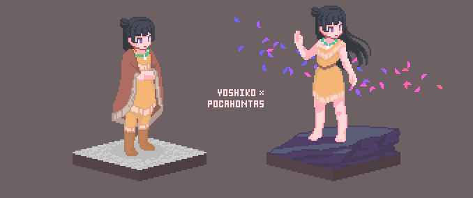 2girls, bare_arms, bare_legs, bare_shoulders, barefoot, black_hair, boots, brown_background, brown_cloak, brown_footwear, character_name, cliff, cloak, cosplay, crossed_arms, dress, dual_persona, expressionless, floating_hair, fur-trimmed_boots, fur-trimmed_cloak, fur-trimmed_dress, fur_trim, hair_bun, half_updo, jewelry, knee_boots, long_hair, looking_ahead, love_live!, love_live!_sunshine!!, multiple_girls, native_american_clothes, necklace, pantyhose, petals, pixel_art, pocahontas, pocahontas_(disney), pocahontas_(disney)_(cosplay), simple_background, single_hair_bun, sleeveless, sleeveless_dress, standing, tsushima_yoshiko, violet_eyes, wind, yellow_dress, yellow_pantyhose, yuurashia
