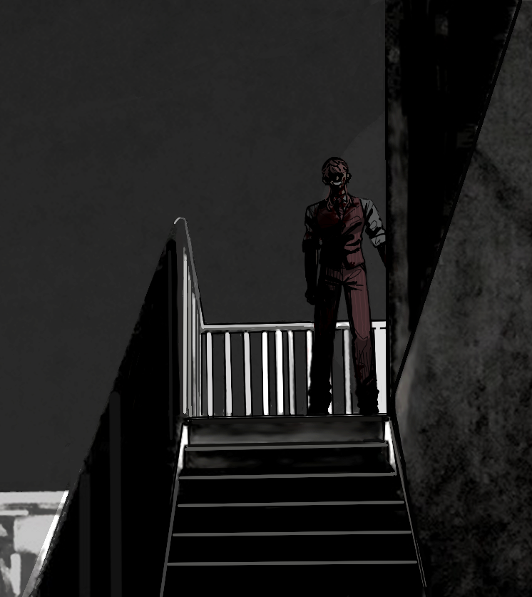 1boy, blood, blood_on_cheek, blood_on_clothes, blood_on_neck, collared_shirt, dark, evil_grin, evil_smile, grey_sky, grin, horror_(theme), looking_at_viewer, male_focus, necktie, night, outdoors, pants, pink_hair, pink_necktie, pink_pants, pink_vest, rarabye, sanzu_haruchiyo, shaded_face, shirt, sky, sleeves_rolled_up, smile, solo, stairs, standing, striped_clothes, suit, teeth, tokyo_revengers, vest, white_shirt