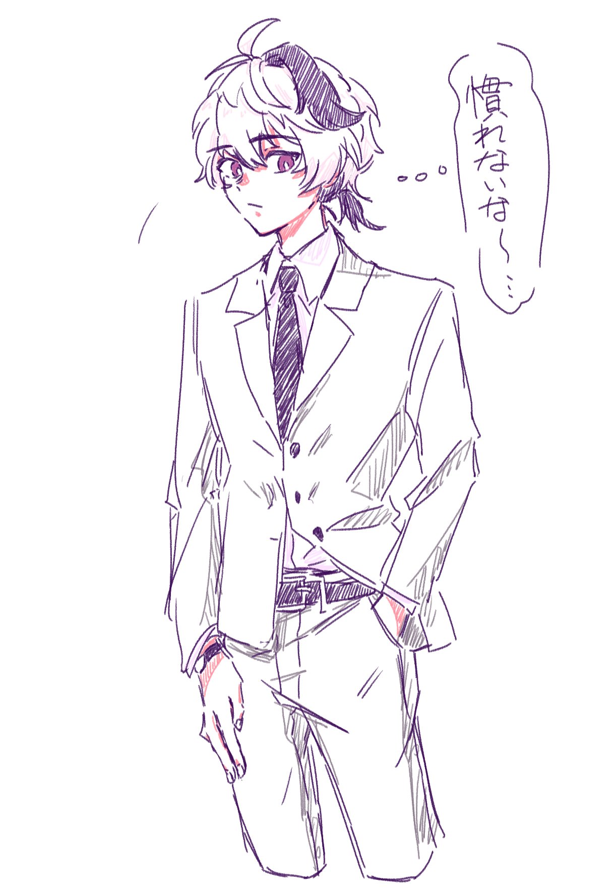 1girl, ahoge, alternate_costume, alternate_hairstyle, androgynous, belt, black_hair, commentary, flower_(vocaloid), flower_(vocaloid4), hand_in_pocket, highres, low_ponytail, multicolored_hair, natsuki_akino, necktie, pants, short_hair, streaked_hair, suit, thought_bubble, tomboy, two-tone_hair, violet_eyes, vocaloid, watch, white_background, white_hair, white_pants, white_suit