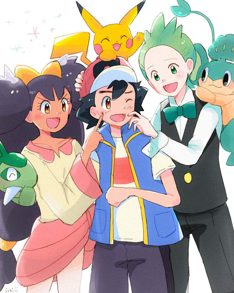 1girl, 2boys, ash_ketchum, axew, black_hair, blush, brown_eyes, cilan_(pokemon)