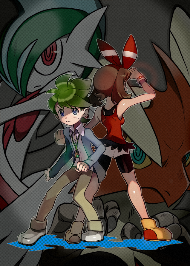 1boy, 1girl, arm_up, back-to-back, bare_shoulders, bike_shorts, bike_shorts_under_shorts, blaziken