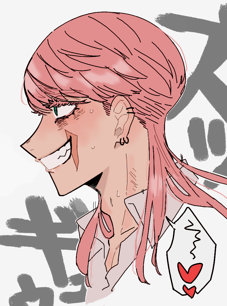 1boy, adam's_apple, aqua_eyes, blush, clenched_teeth, collared_shirt, evil_grin, evil_smile