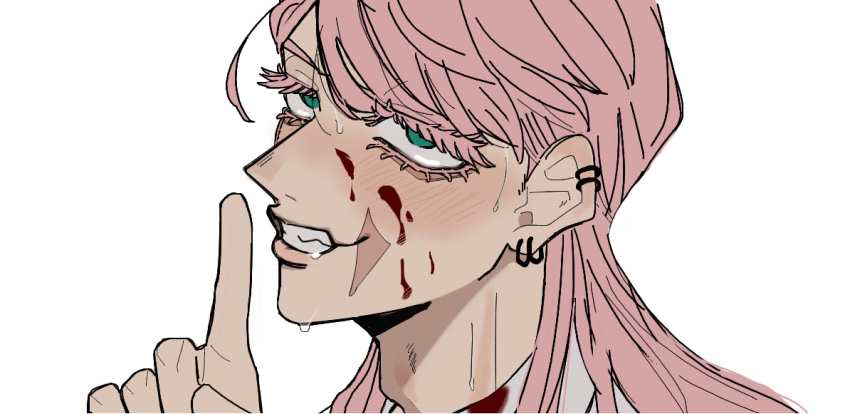 1boy, adam's_apple, aqua_eyes, asymmetrical_bangs, blood, blood_on_cheek, blood_on_clothes, blush