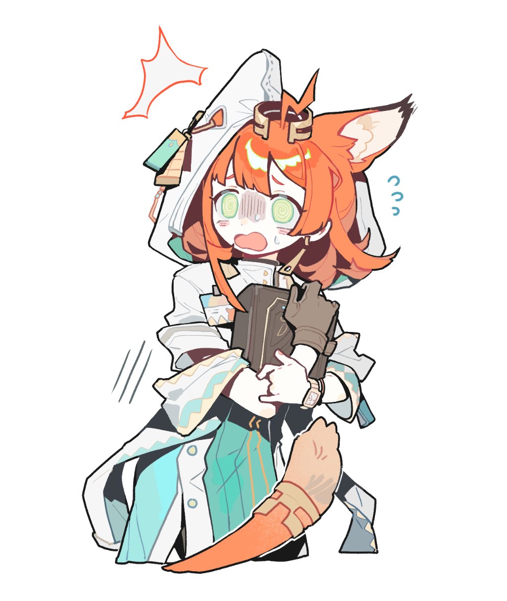 1girl, @_@, ahoge, aqua_skirt, arknights, book, brown_gloves, commentary