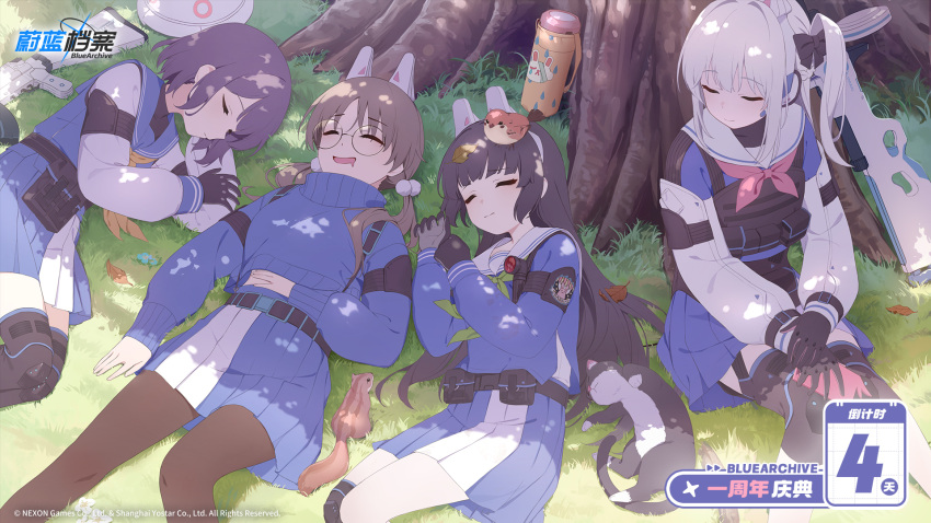 4girls, artist_request, black_gloves, black_hair, blue_archive, blue_sailor_collar, blue_skirt, brown_hair