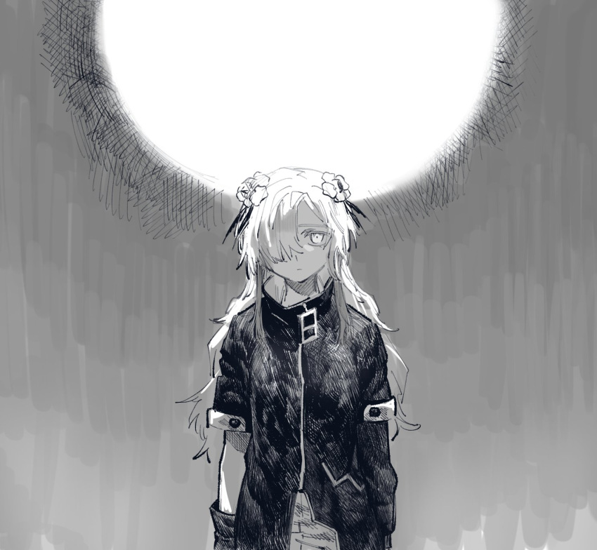 1girl, asymmetrical_sleeves, coat, expressionless, flower, greyscale, hair_flower, hair_ornament
