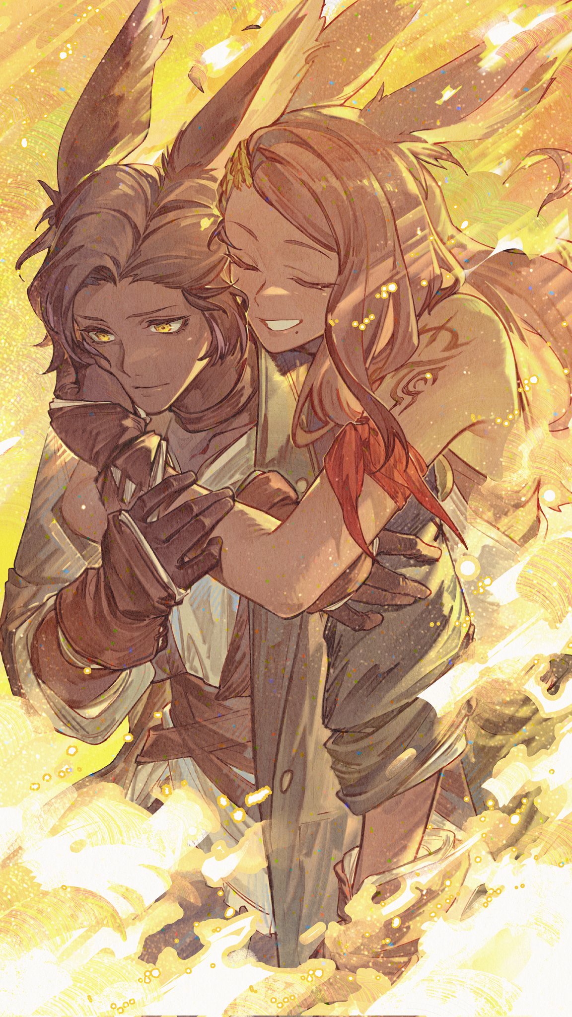 1boy, 1girl, arm_tattoo, braid, brown_gloves, brown_hair, cahciua, closed_eyes