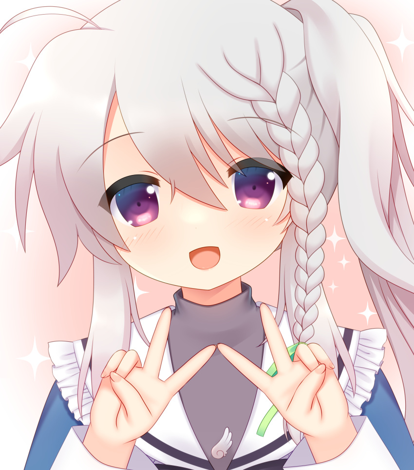 1girl, 9-nine-, :d, absurdres, ahoge, alternate_costume, blush, braid, close-up, commentary_request, company_connection, double_v, eyes_visible_through_hair, frilled_sailor_collar, frills, green_ribbon, grey_hair, hair_between_eyes, hair_ribbon, hands_up, happy, highres, long_hair, long_sleeves, looking_at_viewer, mashiroiro_symphony, mozukunin, niimi_sora, open_mouth, palette_(company), pink_background, ribbon, sailor_collar, school_uniform, serafuku, side_ponytail, sidelocks, simple_background, single_braid, smile, solo, sparkle, v, violet_eyes