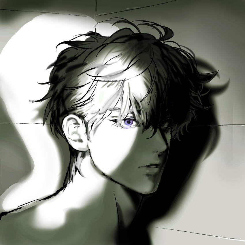 1boy, 37drg, absurdres, black_hair, dark, expressionless, from_side, highres
