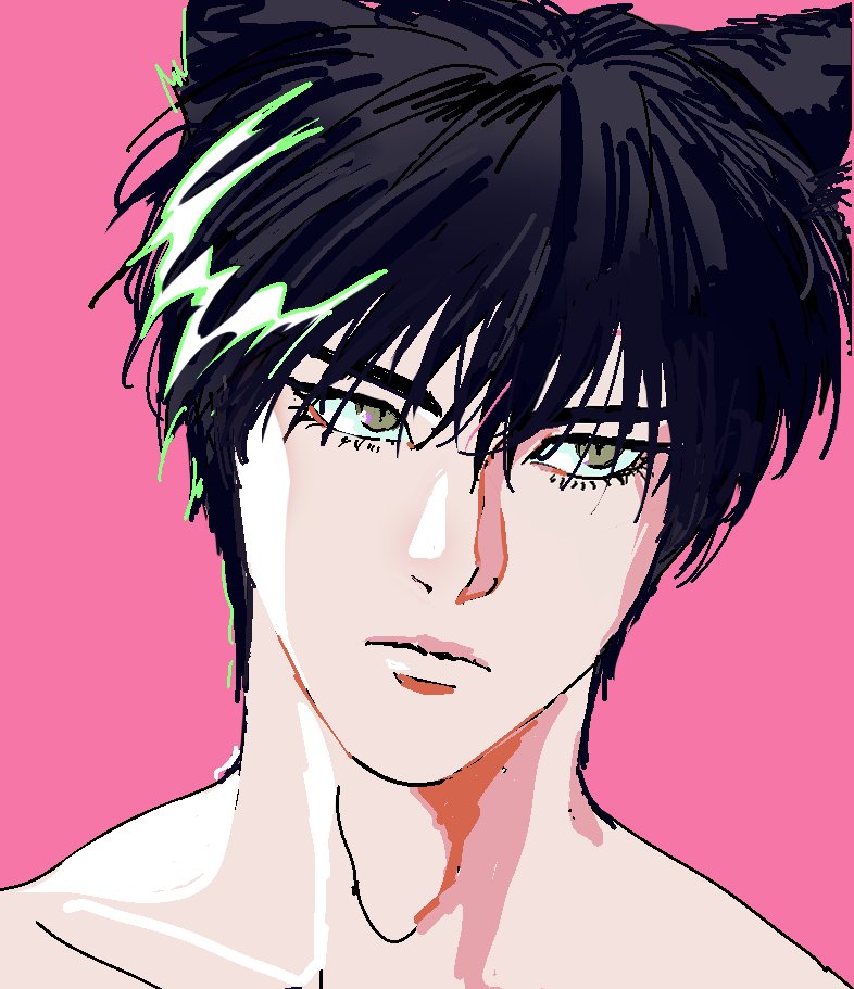 1boy, 37drg, animal_ears, black_hair, cat_ears, closed_mouth, expressionless, green_eyes