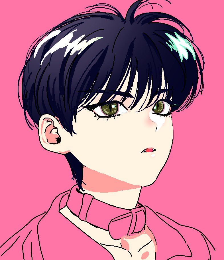 1boy, 37drg, black_hair, child, collar, expressionless, from_side, green_eyes