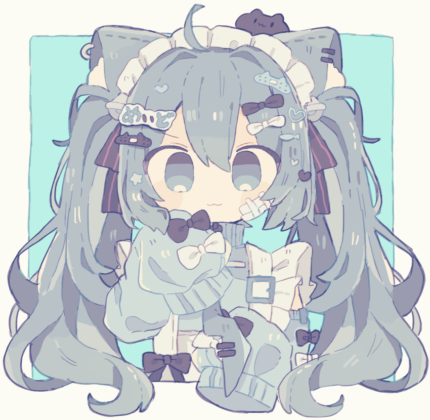 1girl, :3, aqua_eyes, aqua_hair, bandaid, bandaid_hair_ornament, bandaid_on_face, black_bow