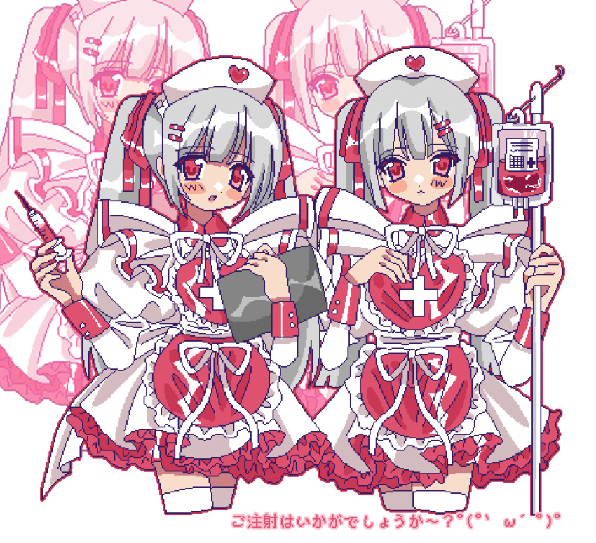 2girls, amnyuixx, apron, blunt_bangs, blunt_ends, blush_stickers, bow, collared_dress