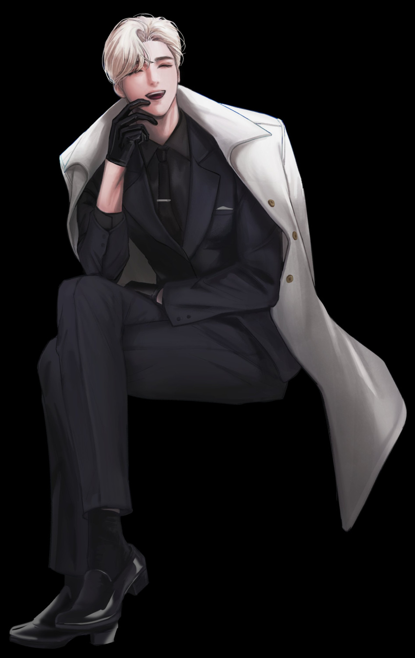 1boy, 37drg, absurdres, arm_rest, asymmetrical_bangs, black_background, black_footwear, black_gloves