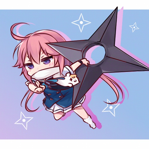 1girl, ahoge, blue_background, blue_jacket, blush_stickers, chibi, covered_mouth, drop_shadow