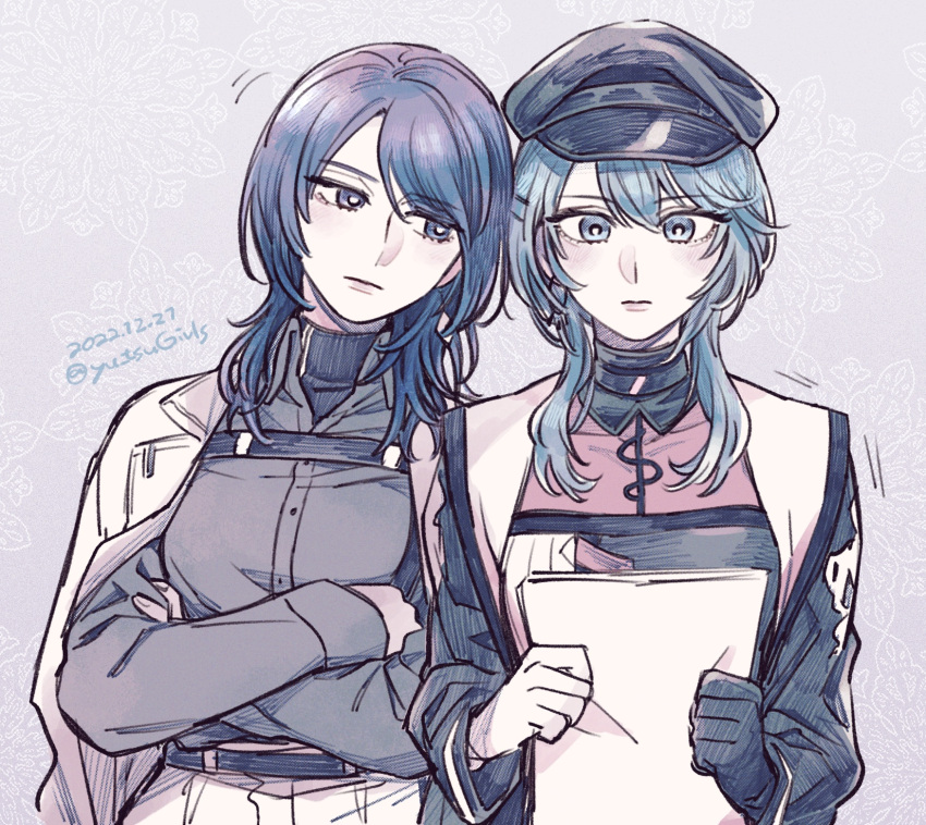 2girls, asymmetrical_bangs, black_coat, black_eyes, black_hair, black_hat, black_undershirt, blue_eyes, blue_hair, blush, chest_harness, chief_(path_to_nowhere), coat, coat_on_shoulders, collared_shirt, commentary_request, covered_collarbone, crossed_arms, dated, female_chief_(path_to_nowhere), floral_background, gloves, grey_background, grey_shirt, hair_between_eyes, harness, hat, heads_together, highres, holding, holding_paper, kepi, long_hair, military_hat, multiple_girls, nightingale_(path_to_nowhere), open_clothes, open_coat, pants, paper, path_to_nowhere, pe88y_(yu_tsugirls), reading, shirt, single_glove, twitter_username, upper_body, white_coat, white_pants