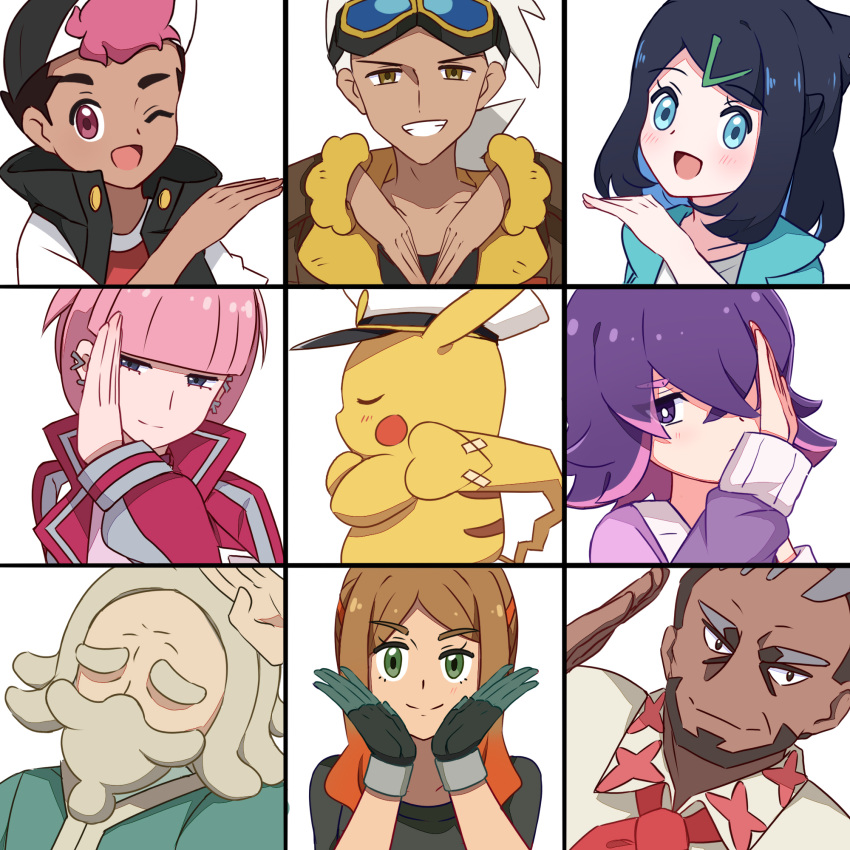 4boys, 4girls, :d, beard, black_hair, black_hat, black_shirt, black_vest, blonde_hair, blunt_bangs, blush, bright_pupils, brown_jacket, captain_pikachu, cardigan, closed_mouth, collared_shirt, dot_(pokemon), facial_hair, friede_(pokemon), gloves, goggles, green_eyes, grin, hair_ornament, hairclip, hand_up, hands_up, hat, highres, jacket, liko_(pokemon), looking_at_viewer, ludlow_(pokemon), mollie_(pokemon), multicolored_hair, multiple_boys, multiple_girls, murdock_(pokemon), open_clothes, open_mouth, open_vest, orla_(pokemon), parted_bangs, pikachu, pink_hair, pokemon, pokemon_(anime), pokemon_horizons, purple_cardigan, purple_hair, roy_(pokemon), shirt, short_hair, short_sleeves, smile, split_mouth, t-shirt, teeth, toumei_4869, two-tone_hair, vest, violet_eyes, white_hair, white_hat, white_pupils