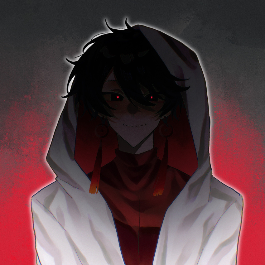 1boy, black_eyes, black_hair, chinese_commentary, closed_mouth, commentary_request, earrings, film_grain