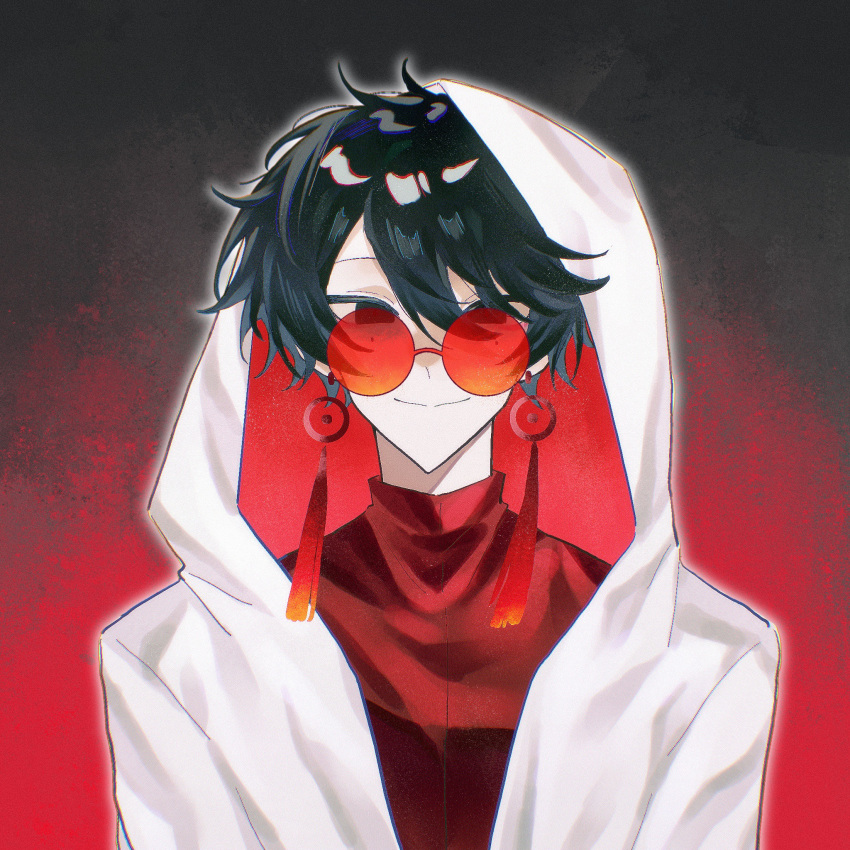 1boy, black_eyes, black_hair, chinese_commentary, closed_mouth, commentary_request, earrings, film_grain