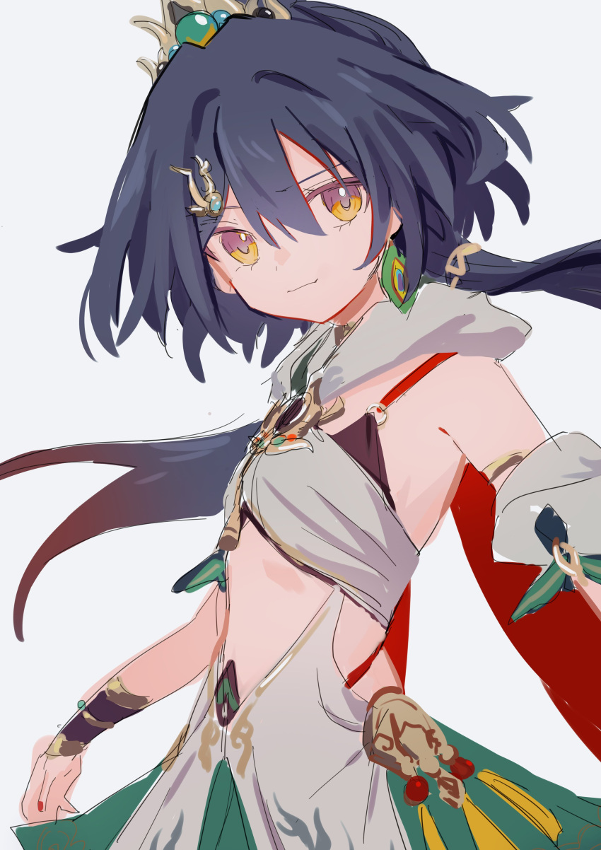 1girl, absurdres, bare_shoulders, bra, bridal_gauntlets, chinese_clothes, close-up, closed_mouth, detached_collar, detached_sleeves, earrings, from_side, green_hair, grey_background, grey_hair, hair_flowing_over, hair_ornament, hairclip, headpiece, highres, honkai:_star_rail, honkai_(series), jewelry, looking_at_viewer, looking_to_the_side, low_twintails, ohoolthu, orange_eyes, pendant, red_nails, red_scarf, scarf, short_sleeves, simple_background, single_earring, solo, standing, stomach, twintails, underwear, yunli_(honkai:_star_rail)