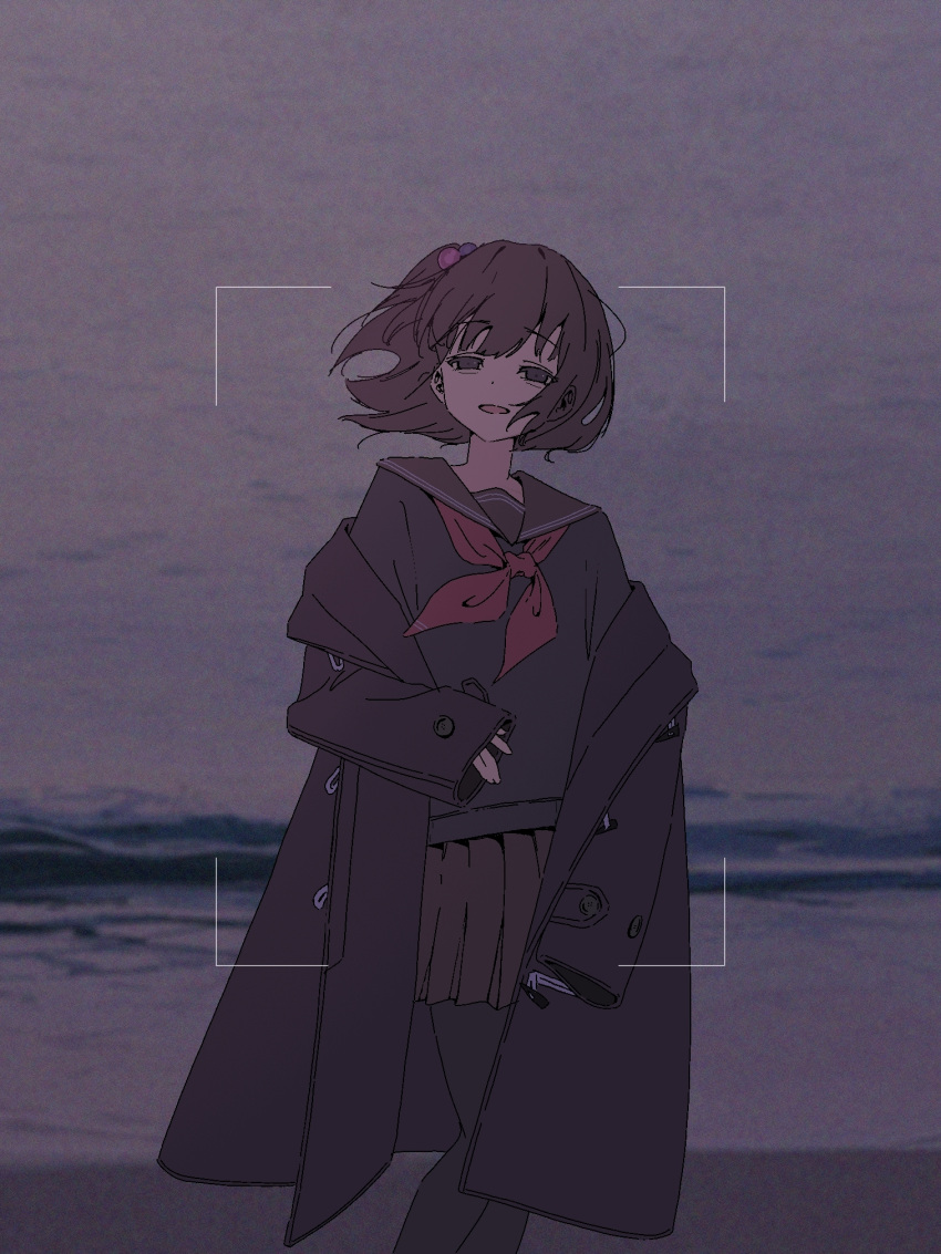 1girl, :d, amemori_sayo, black_coat, black_eyes, black_hair, black_pantyhose, black_sailor_collar