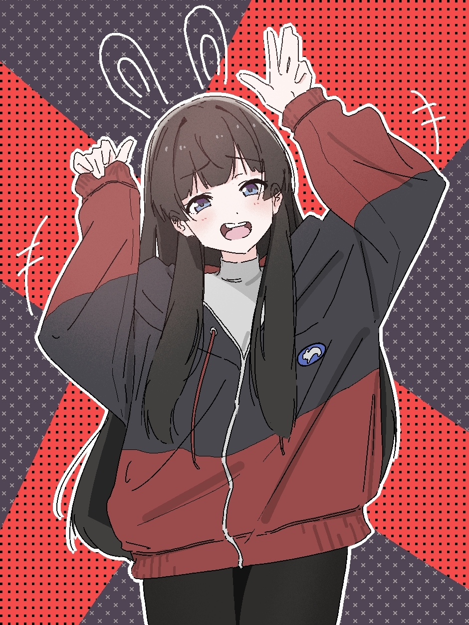 +++, 1girl, animal_ears, black_background, black_hair, black_jacket, black_pants, blush, commentary, cowboy_shot, drawn_ears, furrowed_brow, grey_eyes, grey_shirt, gujin_(tp_acid), hands_up, head_tilt, highres, jacket, long_hair, long_sleeves, looking_at_viewer, multicolored_clothes, multicolored_jacket, nijisanji, open_mouth, outline, pants, pinching_sleeves, rabbit_ears, rabbit_pose, raised_eyebrows, red_background, red_jacket, shirt, smirk, solo, standing, symbol-only_commentary, tsukino_mito, tsukino_mito_(19th_costume), turtleneck, turtleneck_shirt, two-tone_background, two-tone_jacket, virtual_youtuber, white_outline