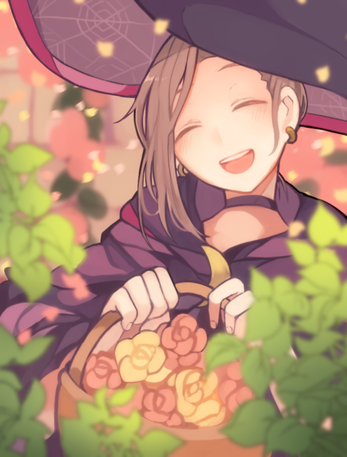 1boy, :d, ^_^, basket, blush, brown_hair, closed_eyes, earrings
