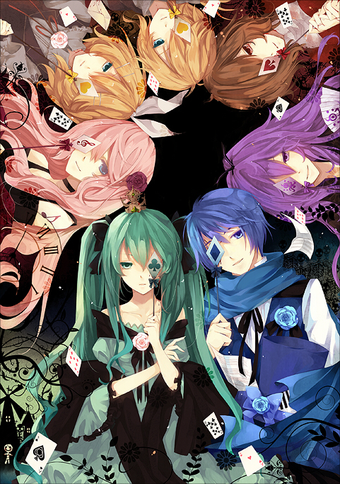 aqua_eyes, aqua_hair, blonde_hair, blue_hair, brown_hair, card, cards, crown
