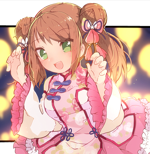 1boy, :d, blush, brown_hair, chinese_clothes, claw_pose, double_bun, dress, frilled_sleeves, frills, green_eyes, hair_bun, idolmaster, idolmaster_side-m, letterboxed, long_sleeves, looking_at_viewer, male_focus, mizushima_saki, nk_nemumi, otoko_no_ko, outside_border, pink_dress, short_twintails, smile, solo, twintails, wide_sleeves