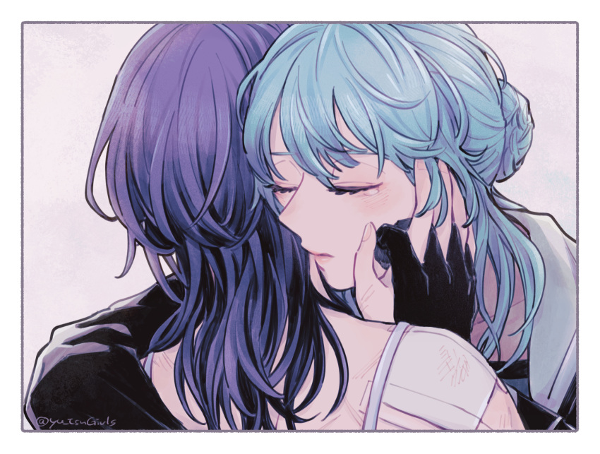 2girls, aqua_hair, bandaid, bandaid_on_shoulder, black_gloves, blush, border, bruise, chief_(path_to_nowhere), closed_eyes, commentary_request, cover, cover_page, covered_collarbone, female_chief_(path_to_nowhere), gloves, grey_background, grey_border, grey_hair, hair_bun, hand_on_another's_face, heads_together, highres, holding_hands, hug, injury, long_hair, multiple_girls, nightingale_(path_to_nowhere), novel_cover, path_to_nowhere, pe88y_(yu_tsugirls), tearing_up, twitter_username
