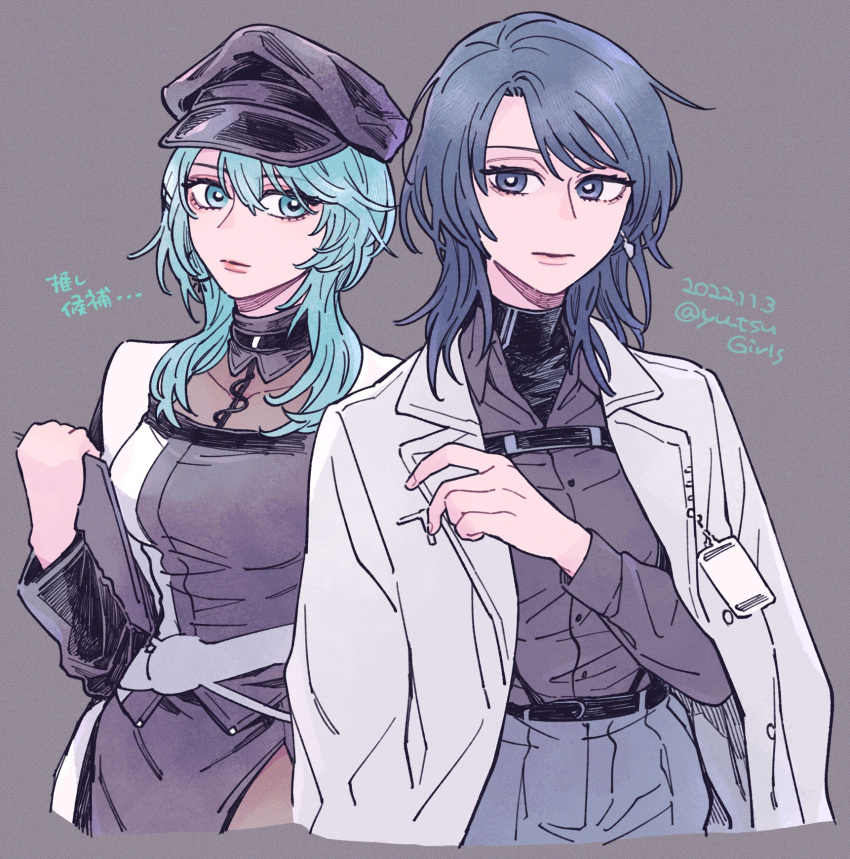 2girls, aqua_eyes, aqua_hair, black_dress, black_hat, black_pantyhose, black_undershirt, check_commentary, chest_harness, chief_(path_to_nowhere), clipboard, coat, coat_on_shoulders, collared_shirt, commentary_request, covered_collarbone, cropped_torso, dated, dress, earrings, female_chief_(path_to_nowhere), grey_background, grey_coat, grey_eyes, grey_hair, grey_pants, grey_shirt, harness, hat, highres, holding, holding_clipboard, id_card, jewelry, kepi, lips, looking_at_viewer, lower_lip_only, military_hat, multiple_girls, nightingale_(path_to_nowhere), pants, pantyhose, path_to_nowhere, pe88y_(yu_tsugirls), shirt, side_slit, sideways_glance, simple_background, suspenders, twitter_username, uniform