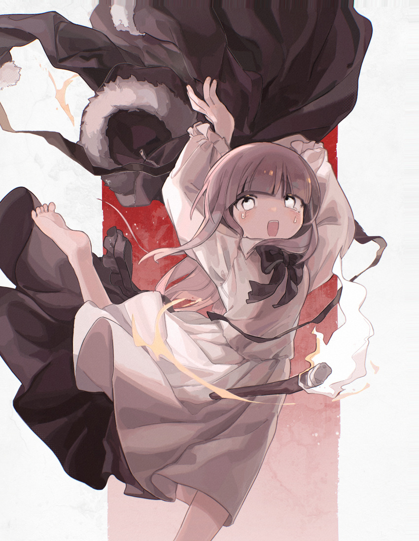 1girl, ada_(iyowa), adipocere_(vocaloid), arms_up, barefoot, black_bow, black_bowtie, black_coat