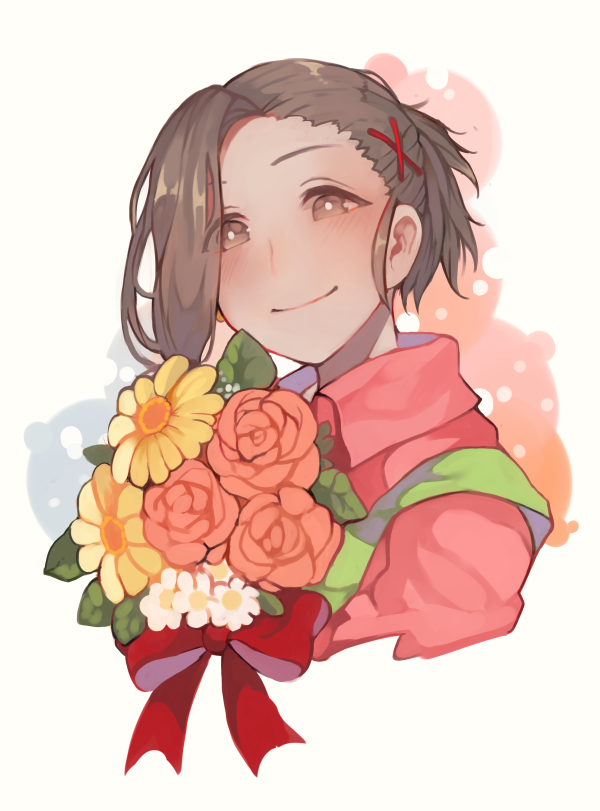 1boy, blush, bouquet, bright_pupils, brown_eyes, brown_hair, collared_shirt, cropped_torso