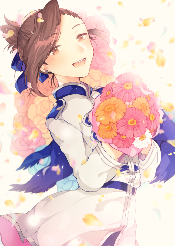 1boy, :d, blush, bouquet, brown_eyes, brown_hair, commentary_request, earrings