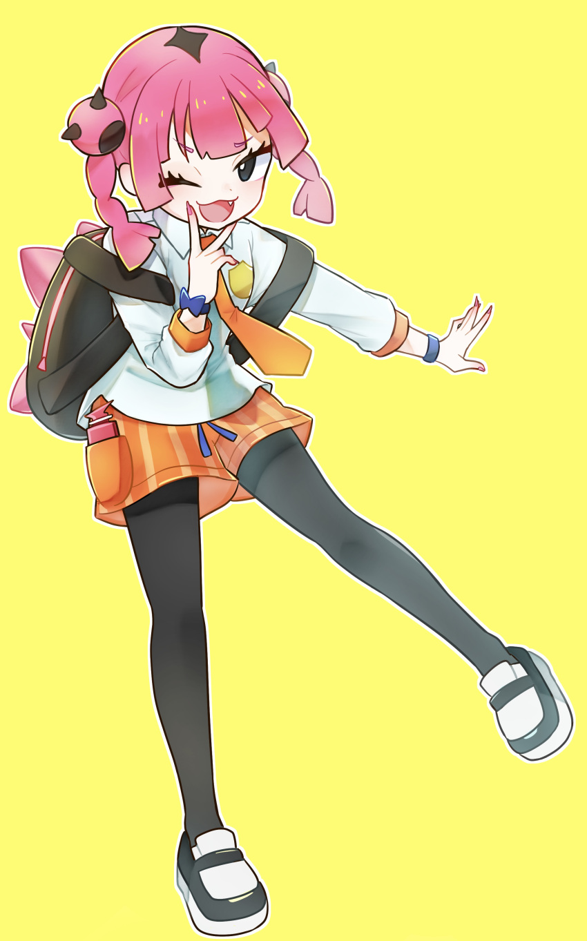 1girl, ;d, absurdres, backpack, bag, black_eyes, collared_shirt, commentary_request, coral_(pokemon), eyelashes, fang, full_body, hand_up, highres, legs_apart, looking_at_viewer, meta-g_(curc8737), necktie, one_eye_closed, open_mouth, orange_necktie, orange_shorts, pantyhose, pink_hair, pokemon, pokemon_(anime), pokemon_horizons, school_uniform, shirt, shoes, shorts, simple_background, smile, solo, twintails, v, white_shirt, wristband, yellow_background