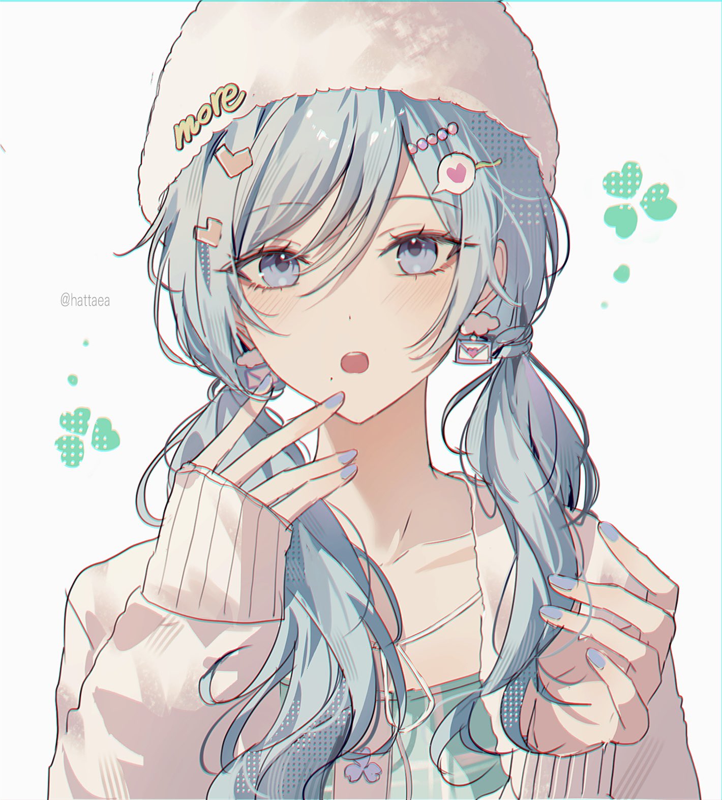 1girl, artist_name, beret, blue_eyes, blue_hair, blue_nails, chase_my_ideal_idol!_(project_sekai), clover_print