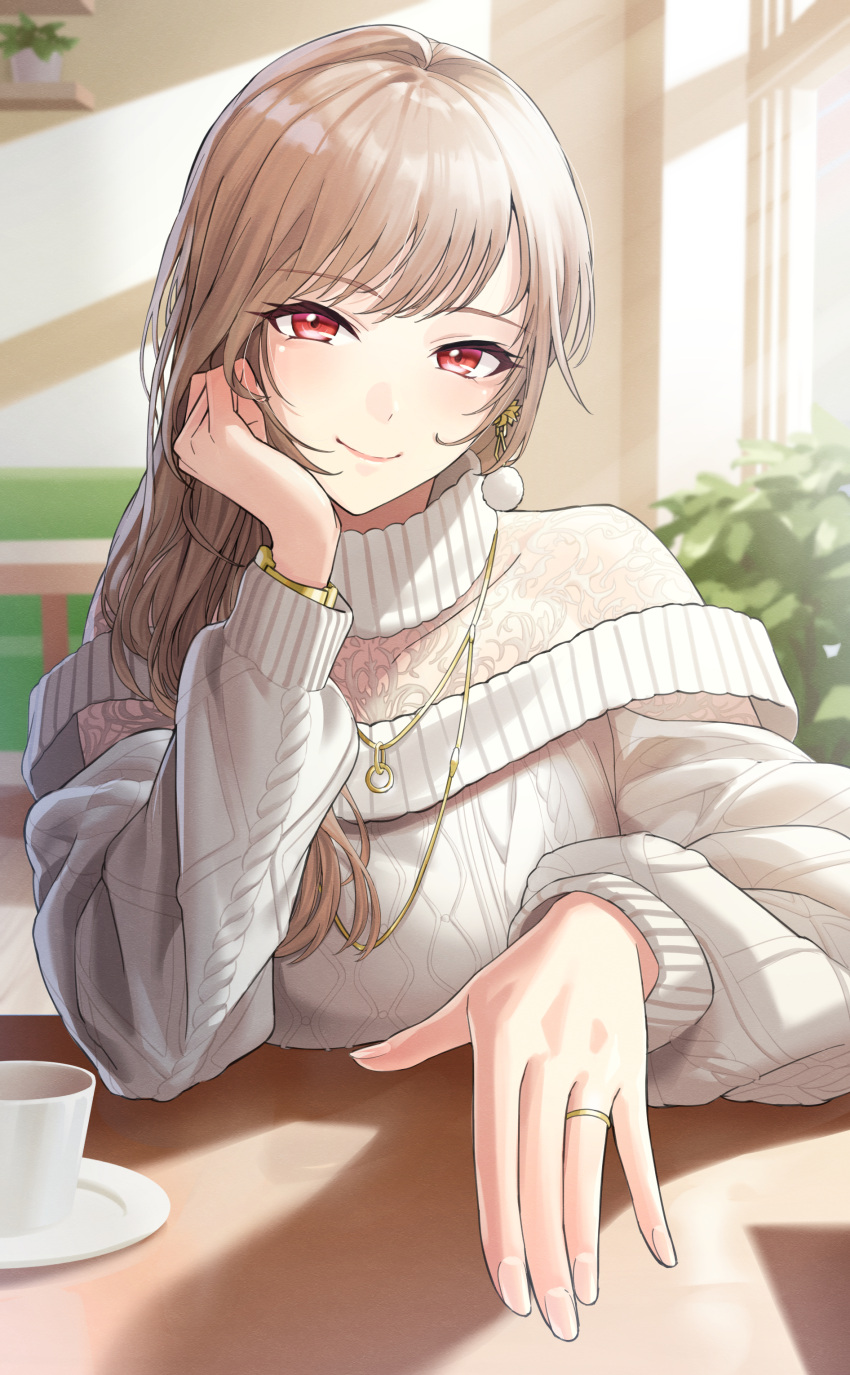 1girl, abe-chan, absurdres, aran_sweater, blush, bracelet, brown_hair, cable_knit