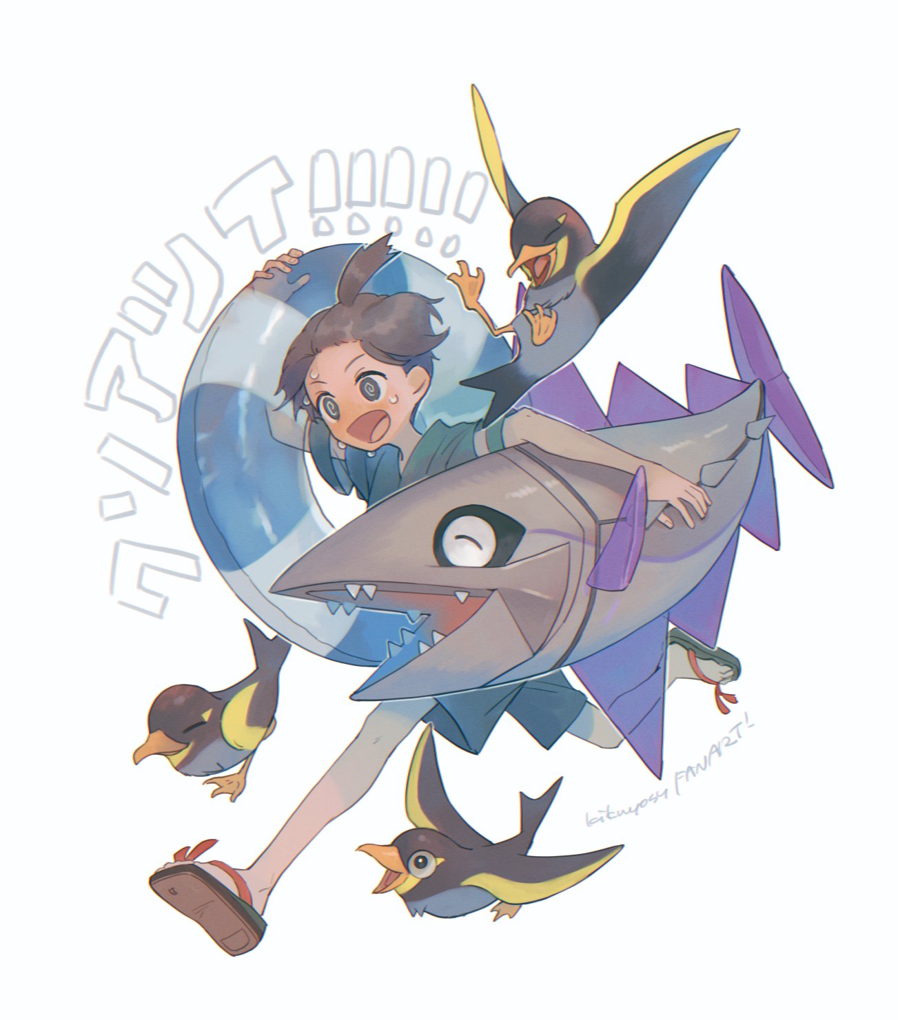 1boy, @_@, ahoge, bird, brown_hair, commentary_request, fish, florian_(pokemon)