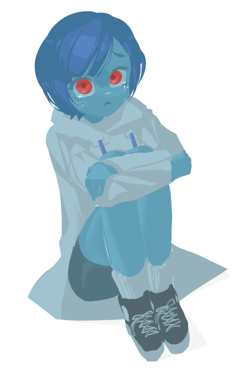 1other, absurdres, black_footwear, blue_hair, blue_sclera, blue_skin, colored_sclera, colored_skin, crying, crying_with_eyes_open, frown, full_body, highres, hood, hoodie, looking_at_viewer, mewtilation, porter_robinson, red_eyes, sad, short_hair, simple_background, sitting, socks, streaming_tears, sweater, tears, white_background, white_hoodie, white_socks
