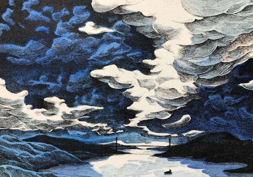 absurdres, blue_sky, boat, bridge, cable-stayed_bridge, clouds, cloudy_sky, highres, ibsukionsen, mountain, mountainous_horizon, no_humans, original, painting_(medium), river, riverbank, scenery, sky, traditional_media, water, watercolor_(medium), watercraft